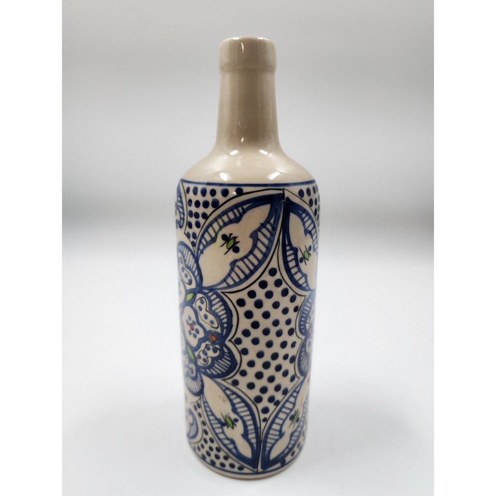 Vintage Safi Moroccan Hand Painted Ceramic BottleVase Blue Floral Pottery 8.25in - Picture 5 of 9